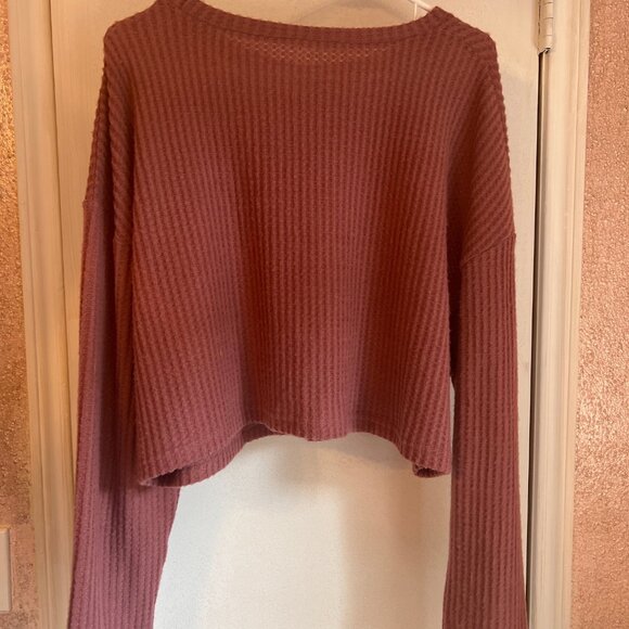 Shein Curve Womens Waffle Knit Long Sleeve Cropped Sweater Top Dusty Rose 1XL - Picture 5 of 6